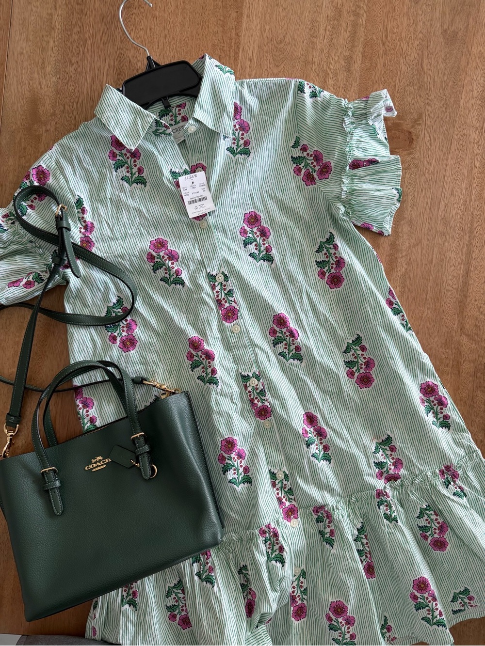 J. Crew Green Stripe Midi Dress with Pink Floral Print